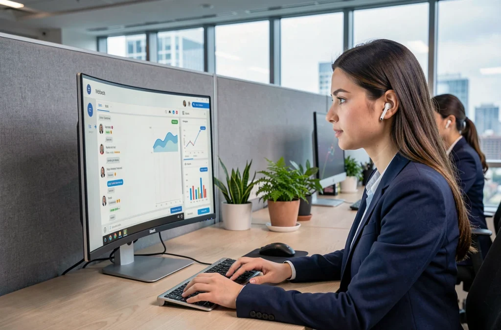 Conseillère clientèle travaillant sur un tableau de bord numérique dans un centre de relation client moderne, représentant l'impact de la digitalisation sur les métiers du service