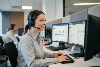 Conseillère du service après-vente portant un casque téléphonique dans un centre d'appels moderne, illustrant la relation client et la fidélisation