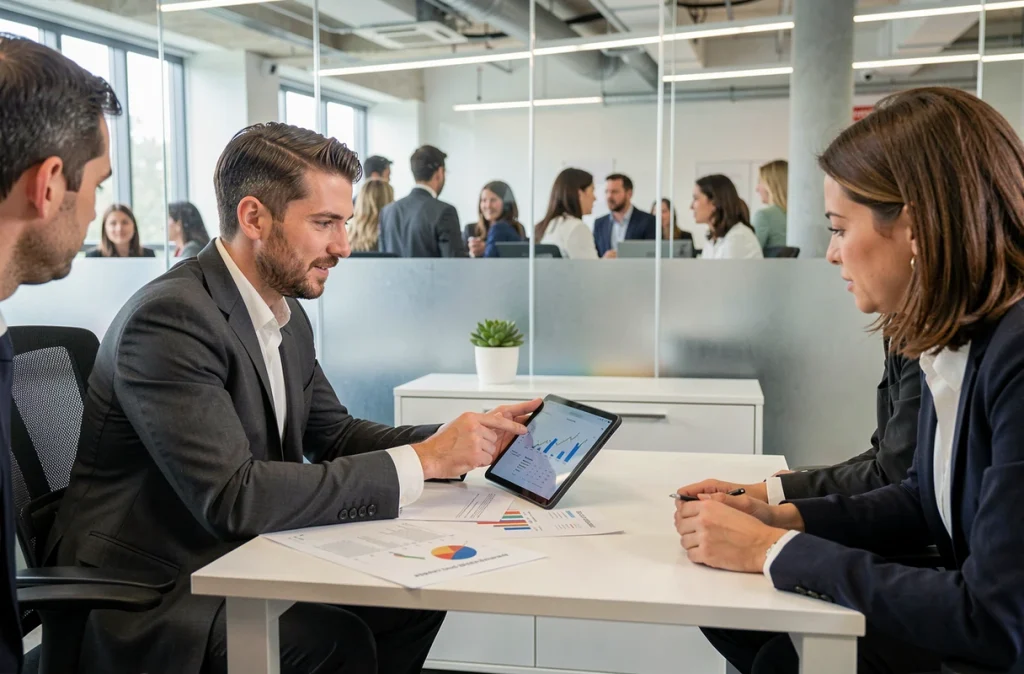 Consultant présentant les avantages de l'externalisation à des dirigeants d'une PME française en salle de réunion
