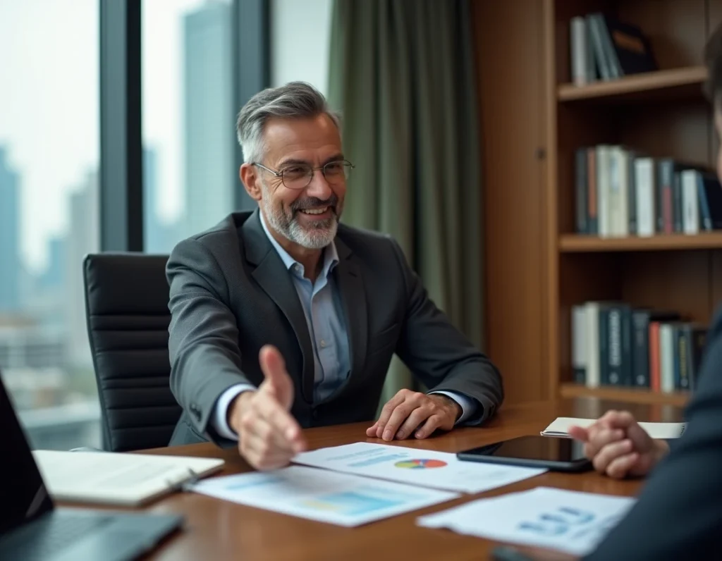 Consultant senior échangeant avec un dirigeant client dans un bureau privé — référence client et mission réussie illustrant l'expertise de Wyman.fr
