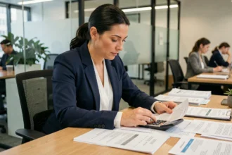 Consultante indépendante analysant les frais de commission en portage salarial sur des documents financiers dans un espace de coworking moderne
