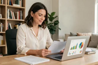 Consultante Chogan travaillant depuis chez elle, analysant ses revenus et résultats sur ordinateur portable