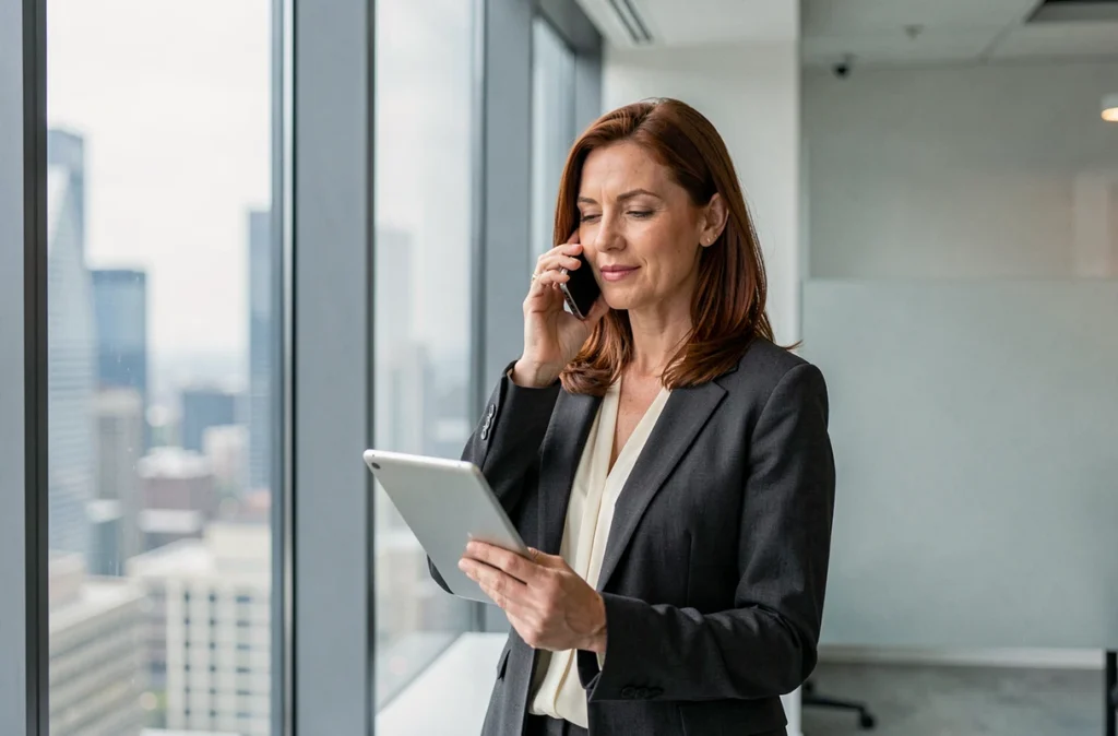 Consultante indépendante en portage salarial passant un appel professionnel dans un bureau moderne avec vue urbaine