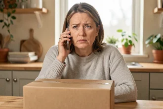 Femme appelant le service client DB Schenker par téléphone pour un problème de colis à domicile