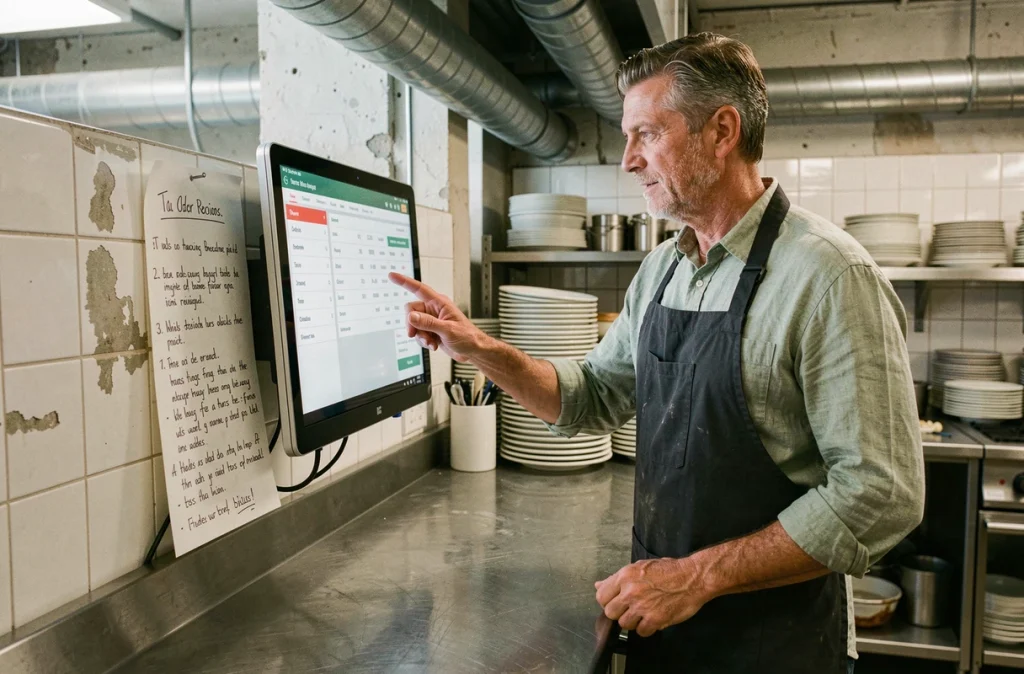 Chef cuisinier consultant un écran de gestion numérique des commandes en cuisine, symbolisant la transformation digitale dans la restauration