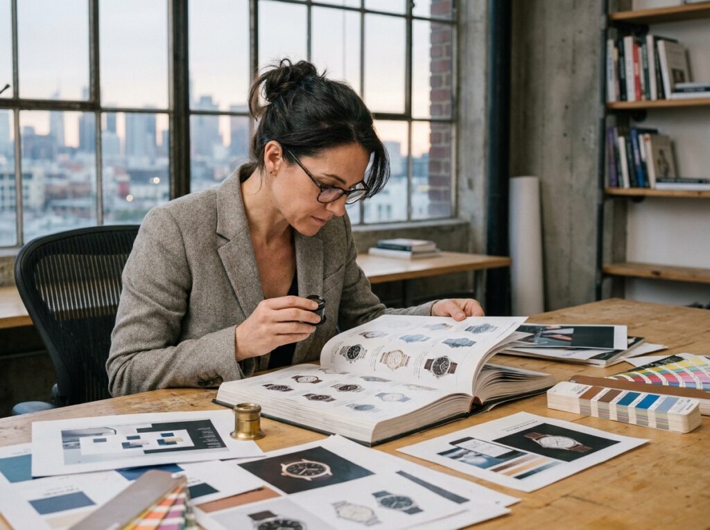 Directrice artistique examinant un catalogue d'horlogerie imprimé dans un bureau d'agence éditoriale avec des maquettes et des nuanciers sur la table