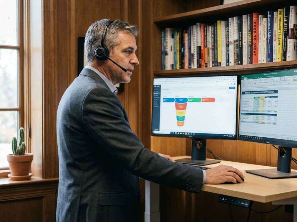 Dirigeant commercial comparant les coûts de prospection interne et externalisée sur un tableau de bord numérique dans son bureau privé