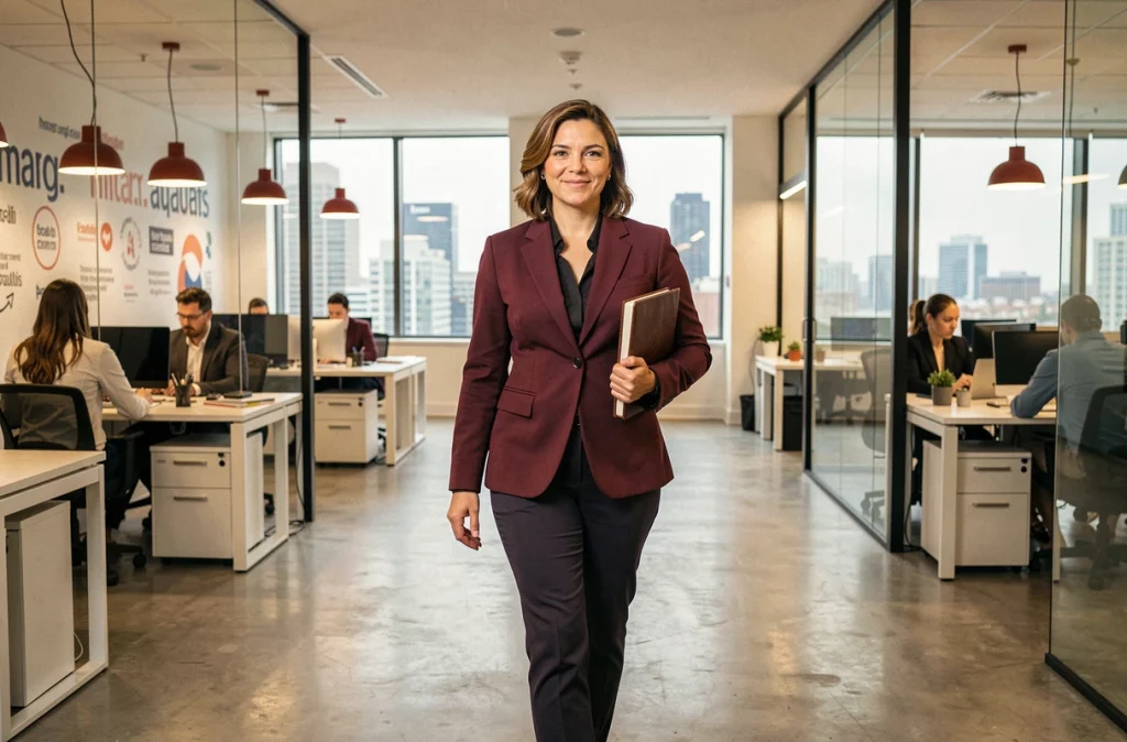 Une dirigeante marche avec assurance dans un couloir de bureau animé, incarnant un leadership dynamique et inspirant au quotidien
