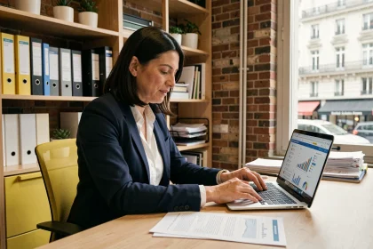 Dirigeante d'une PME française analysant des documents d'externalisation dans son bureau parisien