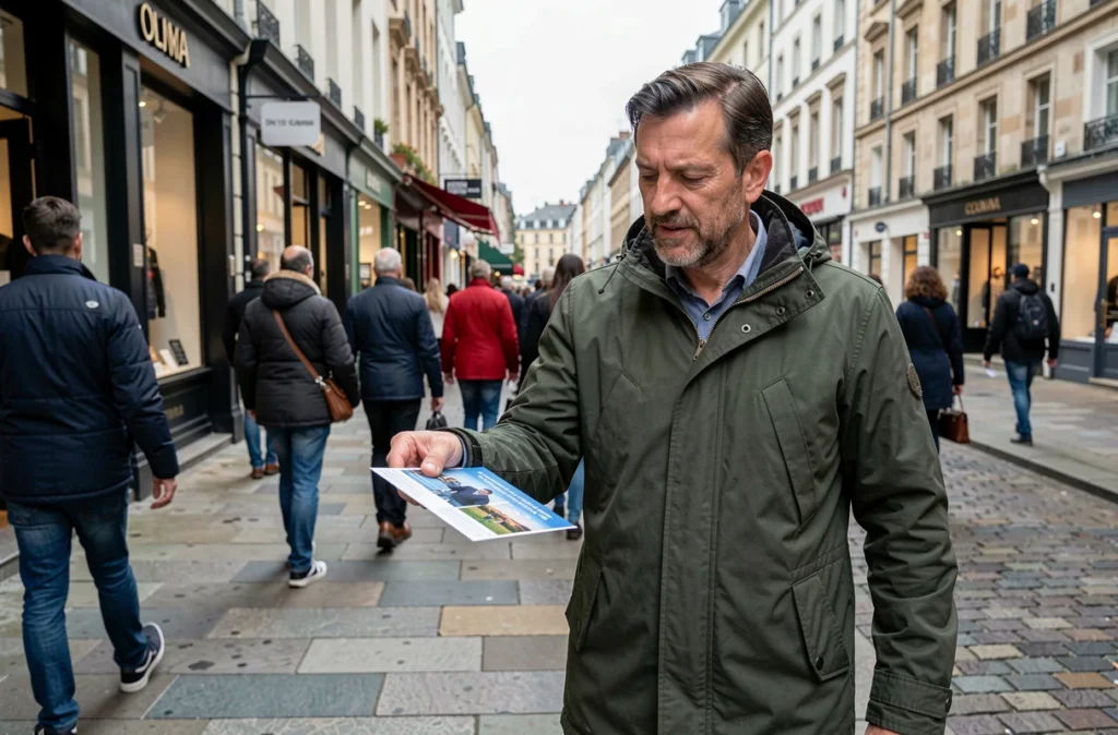 Homme distribuant des flyers A6 imprimés à des passants dans une rue commerçante animée