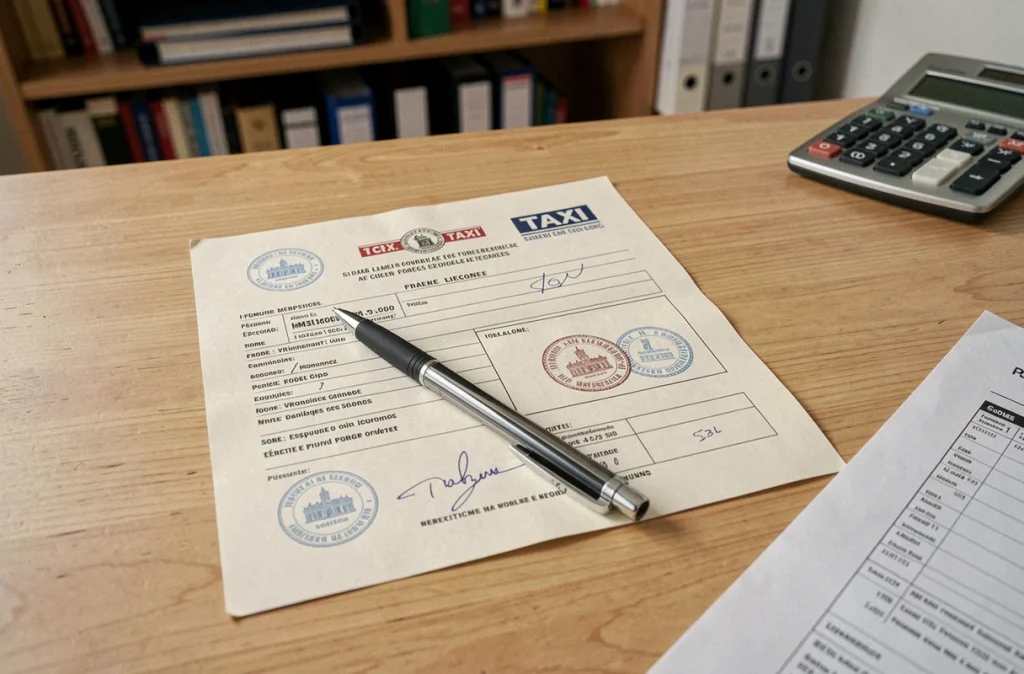 Document officiel de licence taxi parisienne avec tampon administratif, stylo et calculatrice sur un bureau professionnel