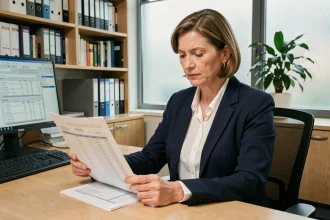 Élue municipale analysant le budget d'une collectivité locale à son bureau avec des documents financiers Berger Levrault