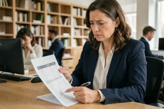 Femme employée vérifiant son planning de travail mensuel dans un bureau, stylo en main, analysant les heures travaillées sur un document imprimé
