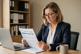 Entrepreneuse en blazer marine examinant un contrat d'assurance responsabilité civile professionnelle dans son bureau
