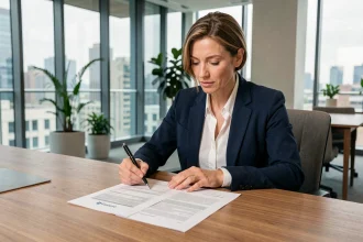 Entrepreneure professionnelle examinant un contrat de prestation de services dans un bureau moderne