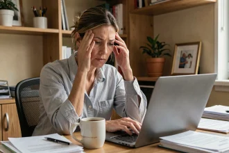 Femme fatiguée travaillant depuis chez elle, illustrant la difficulté à équilibrer vie professionnelle et vie personnelle en horaires 5x8