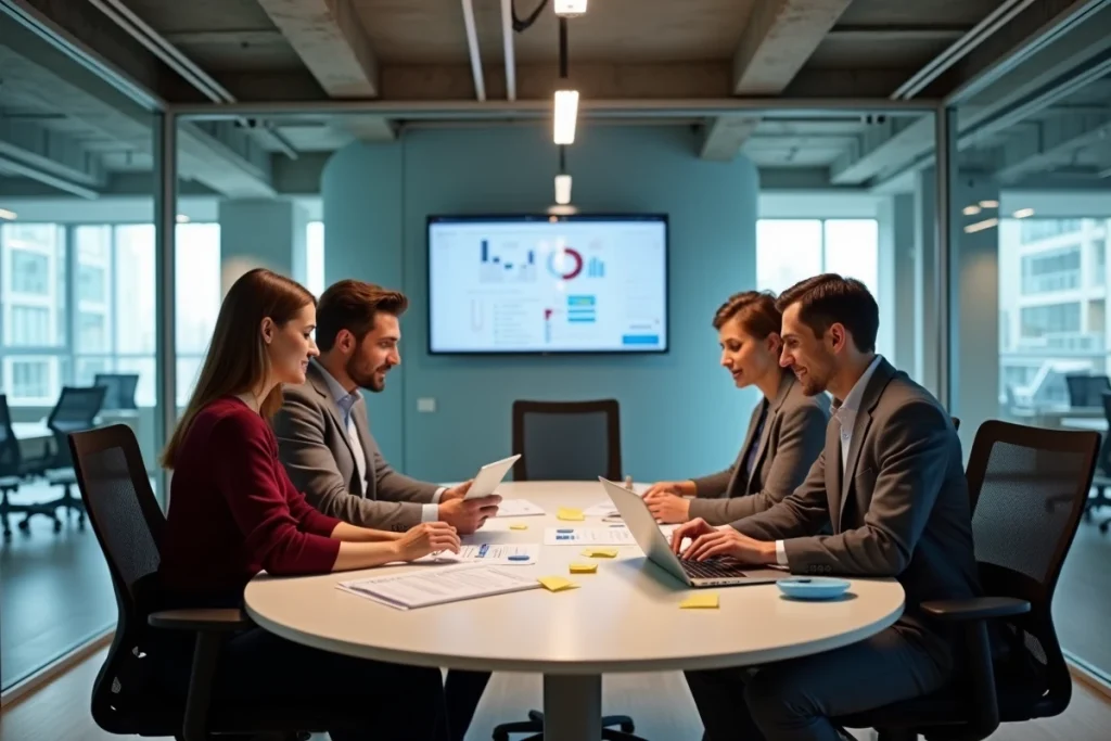 Équipe de consultants d'un cabinet Big 4 en réunion collaborative autour d'une table avec rapports d'audit et données numériques
