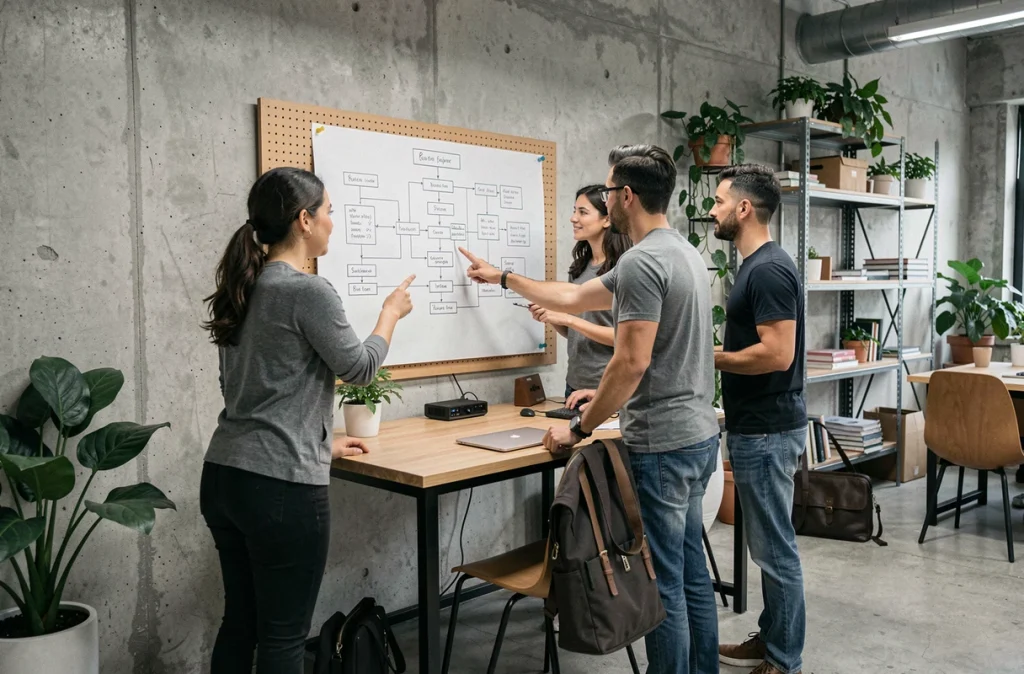 Une équipe multiculturelle collabore autour d'un plan de projet dans un espace de coworking, illustrant la dynamique collective et les fondements du leadership participatif