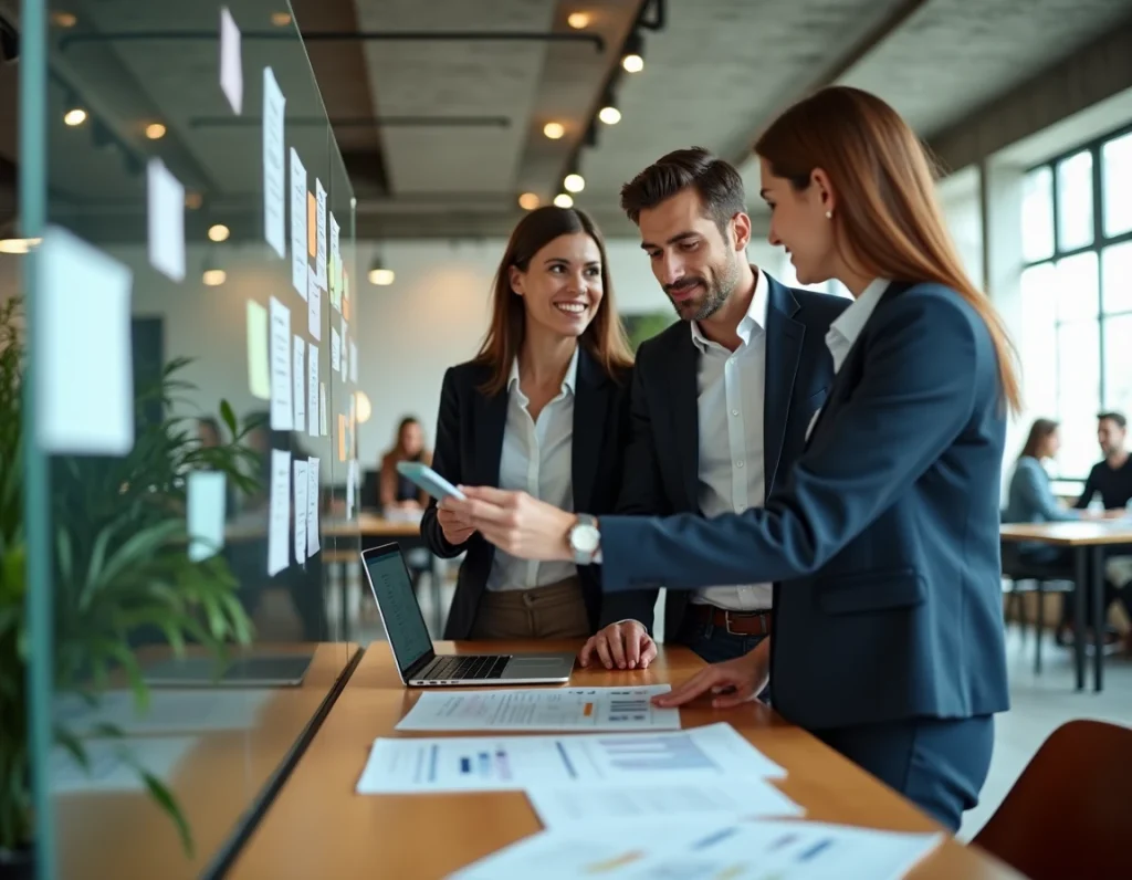 Équipe de consultants collaborant sur une mission client dans un espace de travail moderne — expertise collective et avis positifs sur Wyman.fr