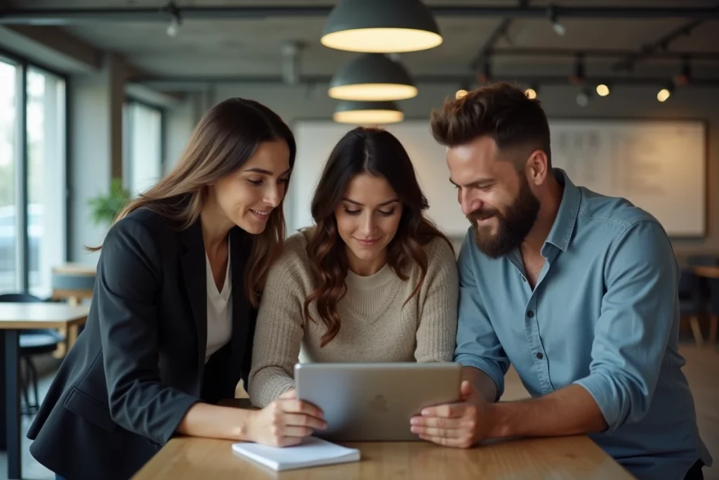 Équipe de managers consultant un portail de suivi sécuritas sur tablette lors d'une réunion debout en zone de travail collaboratif