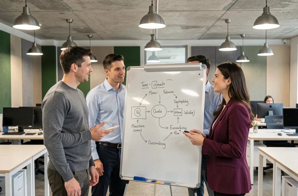Équipe d'une PME collaborant sur une stratégie d'externalisation dans un espace de coworking moderne
