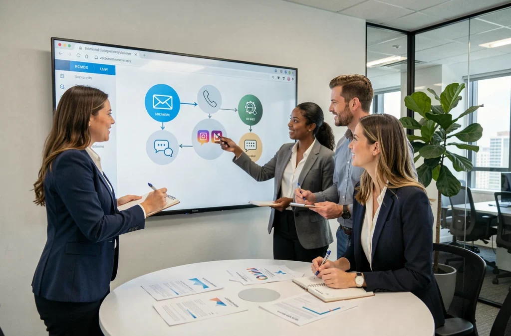 Équipe de trois spécialistes du support client analysant une carte de parcours client multicanal sur un écran tactile lors d'une réunion en salle de conférence moderne