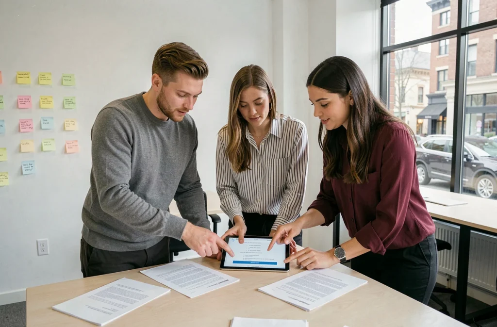 Équipe de jeunes professionnels d'une startup examinant des documents juridiques officiels ensemble dans un bureau moderne
