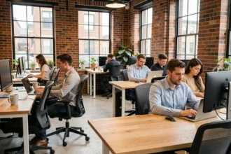Espace de coworking Harrycow avec postes de travail modernes et professionnels au travail