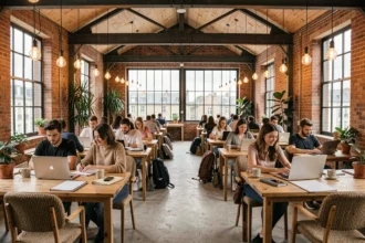 Vue d'ensemble d'un espace de coworking moderne en Seine-Maritime avec bureaux partagés et ambiance professionnelle