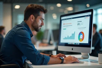 Professionnel évaluant la fiabilité d'un site web d'entreprise sur un écran d'ordinateur au bureau