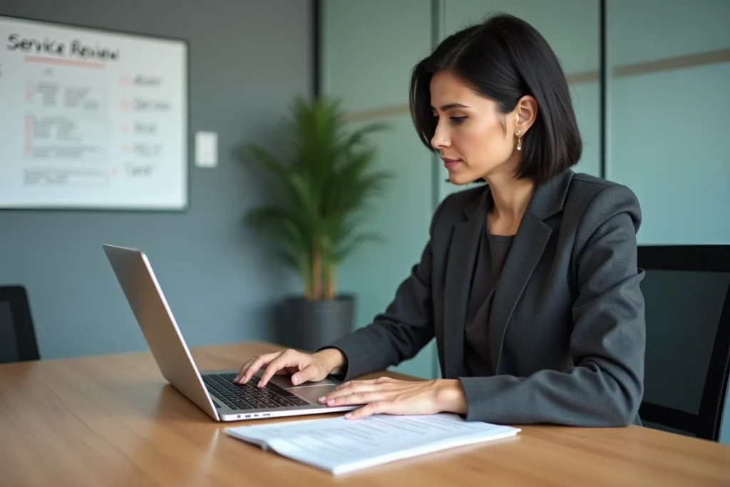 Femme d'affaires analysant des avis et la fiabilité d'un prestataire en ligne lors d'une réunion