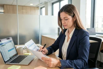 Femme cadre en bureau consultant des documents de planning horaire et contrat de travail CDI illustrant les règles des 35 heures