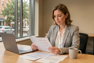 Femme professionnelle comparant plusieurs devis d'entreprises de nettoyage à son bureau dans un open space moderne