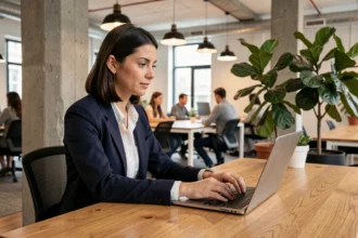 Femme concentrée qui travaille sur un ordinateur portable dans un espace de coworking design au mobilier moderne en bois et béton