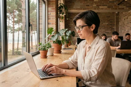 Femme travaillant sur un ordinateur portable dans un espace de coworking à Lacanau avec vue sur les pins landais