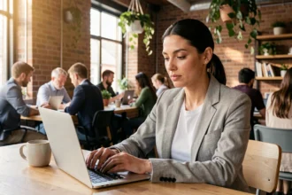 Femme travaillant dans un espace de coworking moderne à Perpignan avec ordinateur portable et café
