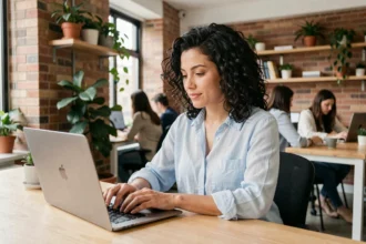 Femme travaillant dans un espace de coworking moderne à Vertou, assise à un bureau en bois avec son ordinateur portable