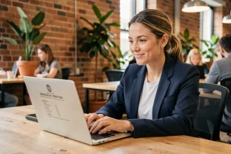 Femme entrepreneur consultant un outil juridique gratuit sur son ordinateur portable dans un espace de coworking moderne