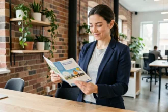 Femme professionnelle tenant une pile de flyers A6 imprimés dans un espace de coworking moderne
