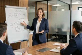 Une femme leader en blazer marine anime une réunion d'équipe dans un bureau moderne, illustrant les bases du leadership bienveillant pour débutants