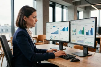 Femme professionnelle consultant des données de performance sur un écran dans un bureau parisien moderne