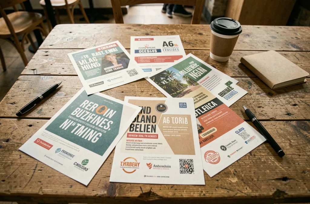 Flat-lay de flyers A6 imprimés sur une table en bois dans un café avec carnet et stylo