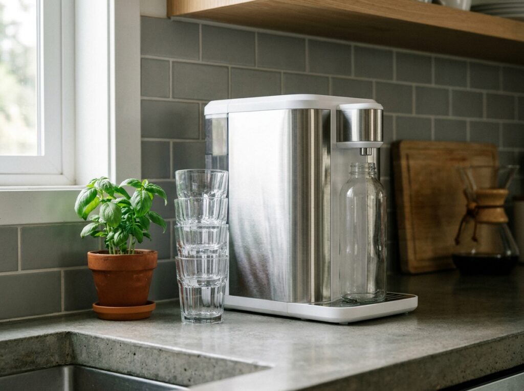 Fontaine à eau compacte posée sur un comptoir de cuisine moderne avec des verres et une plante, comparaison location achat fontaine à eau usage domestique