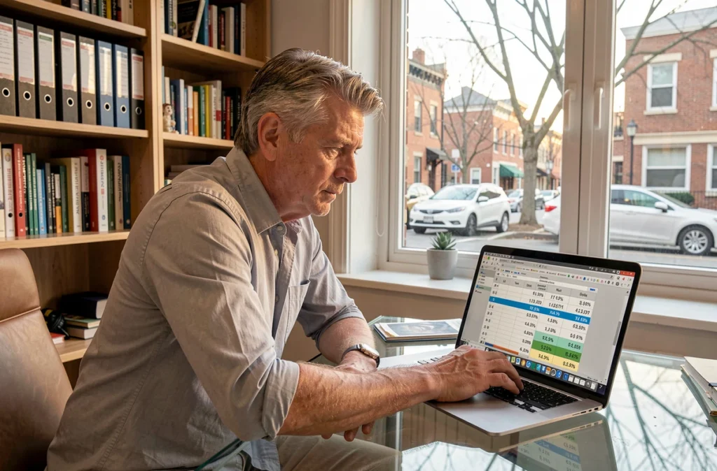 Freelance masculin calculant le coût réel de la commission en portage salarial sur un tableur depuis son bureau à domicile