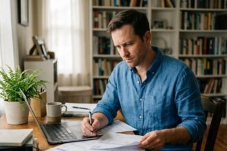 Freelance homme consultant ses documents financiers et factures dans un bureau à domicile, comparant revenus nets et charges