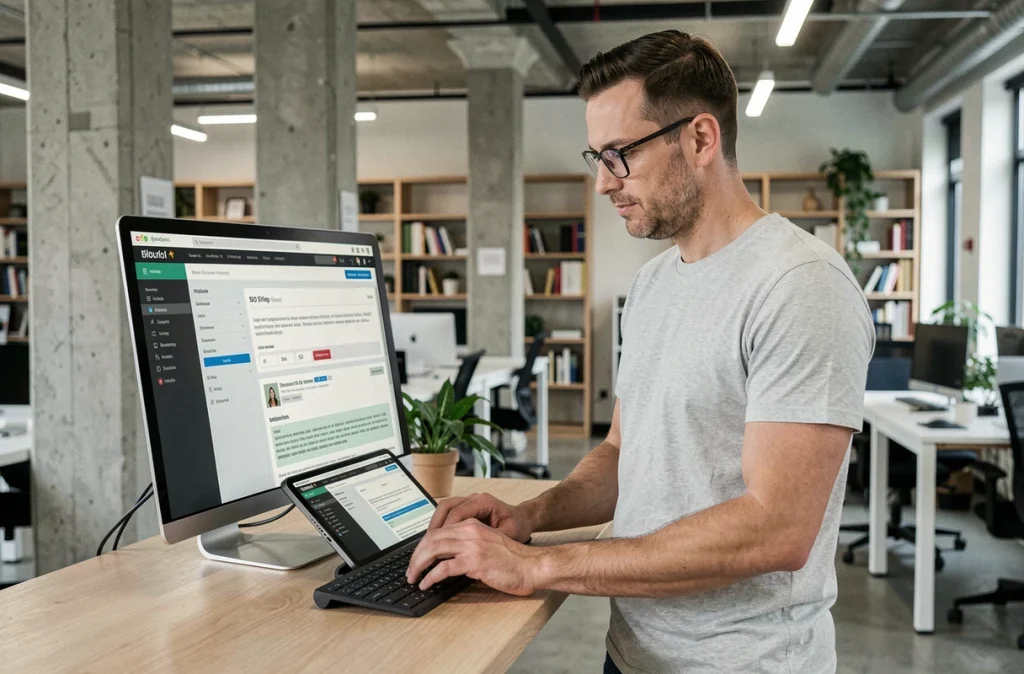 Freelance masculin gérant des outils numériques en espace de coworking urbain sans équipe marketing dédiée