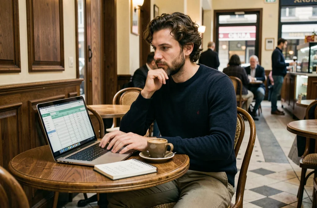 Freelance indépendant gérant sa comptabilité en portage salarial depuis un café parisien avec un ordinateur portable
