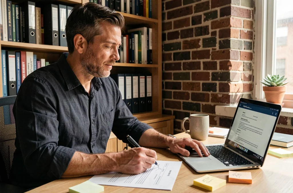 Entrepreneur freelance signant un contrat de prestation de services depuis son bureau à domicile