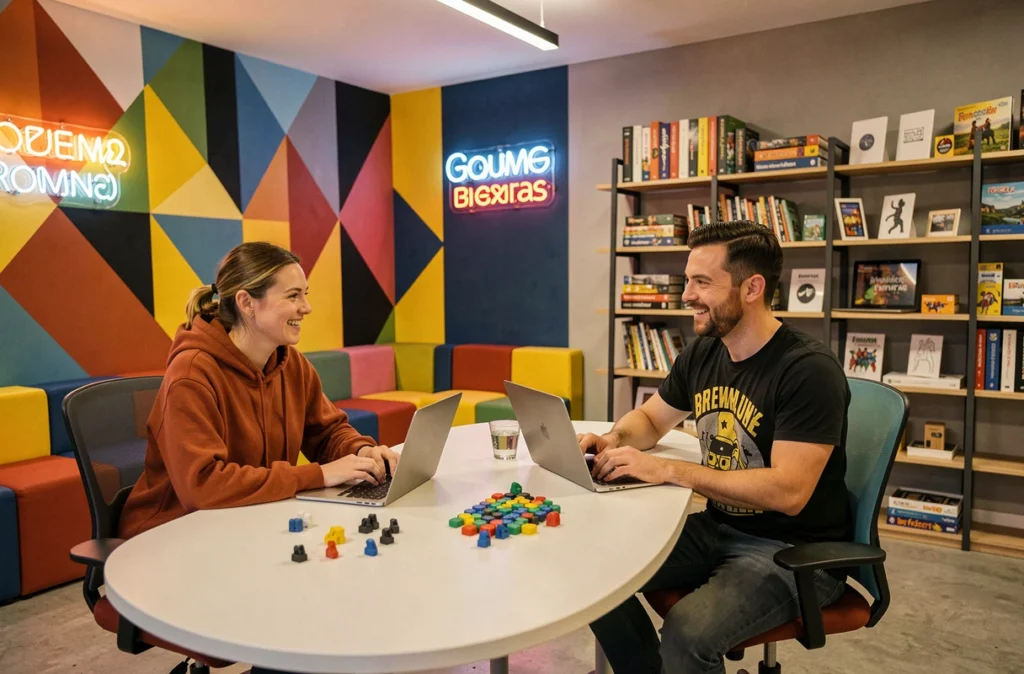 Deux professionnels collaborant dans l'espace de coworking Game of Works à Rouen, ambiance créative et ludique