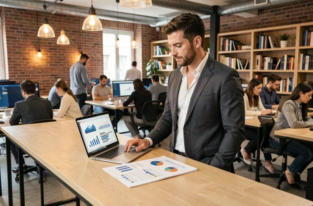Homme en costume consultant des statistiques de carrière sur un ordinateur portable dans un espace de coworking parisien